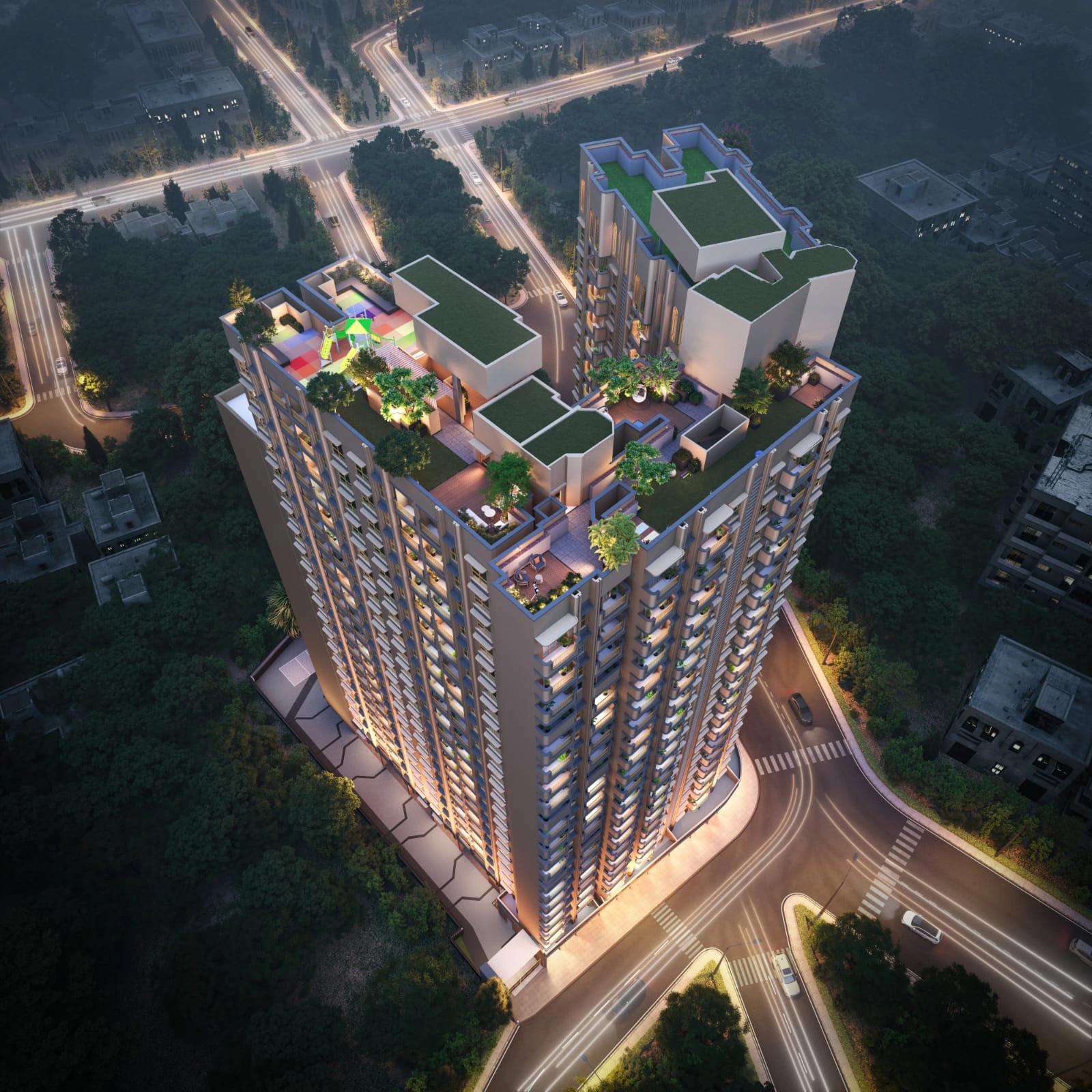 Kohinoor Bella seen from above, both wings and the rooftop decks at dusk, artist's impression