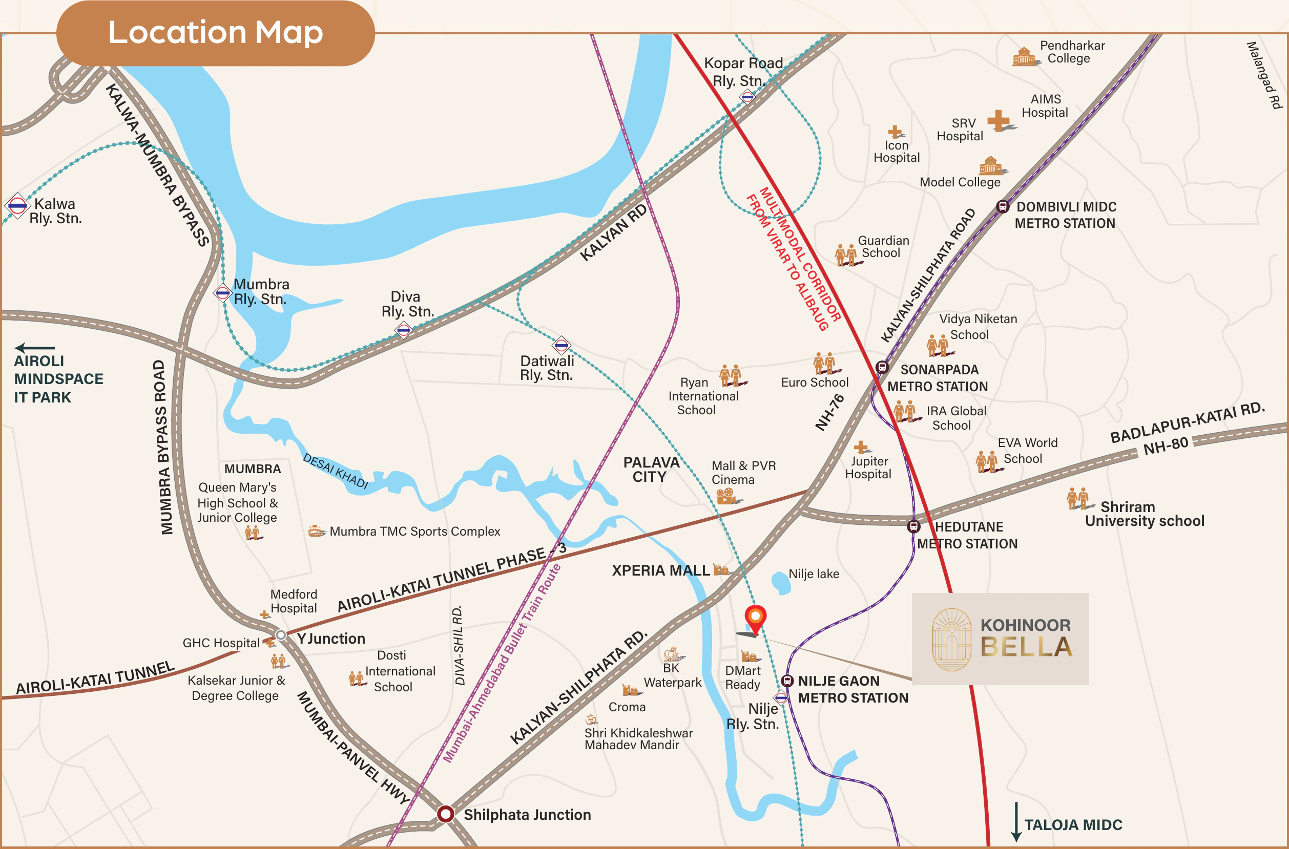 Kohinoor Bella on the map at Nilje, Dombivli East, with the road and rail corridors around it